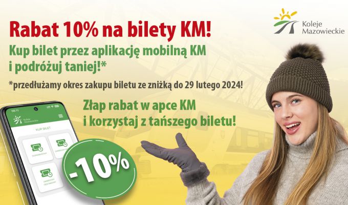 Przedłużamy promocję 10% rabatu na zakup biletów okresowych w aplikacji Kolei Mazowieckich!